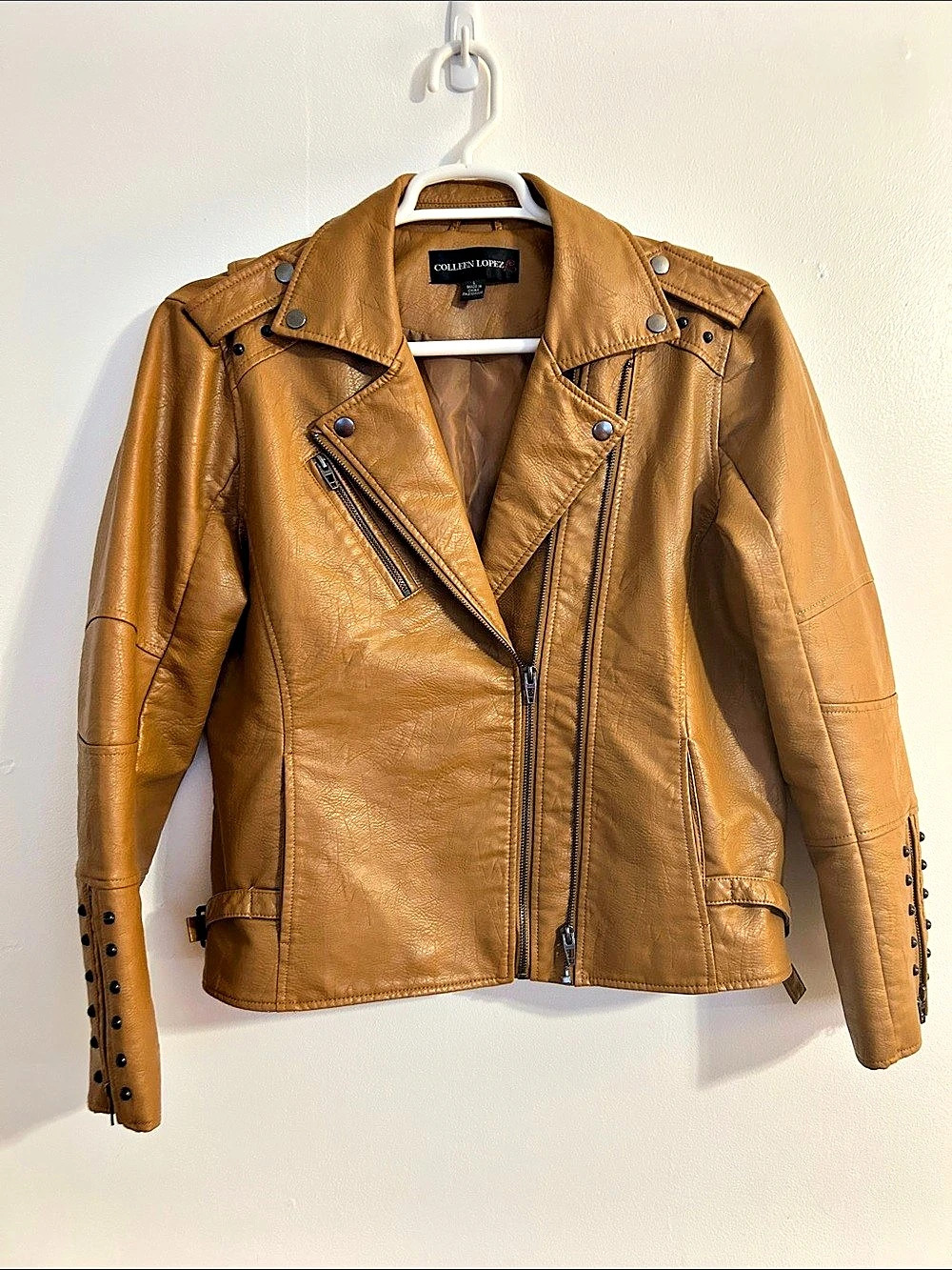 Colleen Lopez Effortlessly Edgy Faux Leather Studded Moto Jacket Brown Large